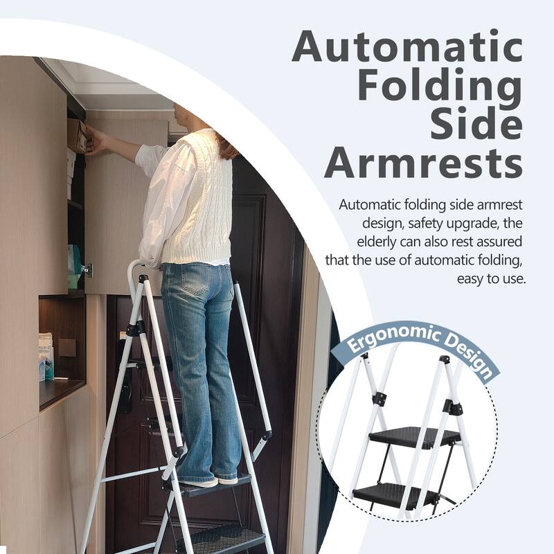 White 4-Step Folding Ladder with Safety Handle and Anti-Slip Pedals
