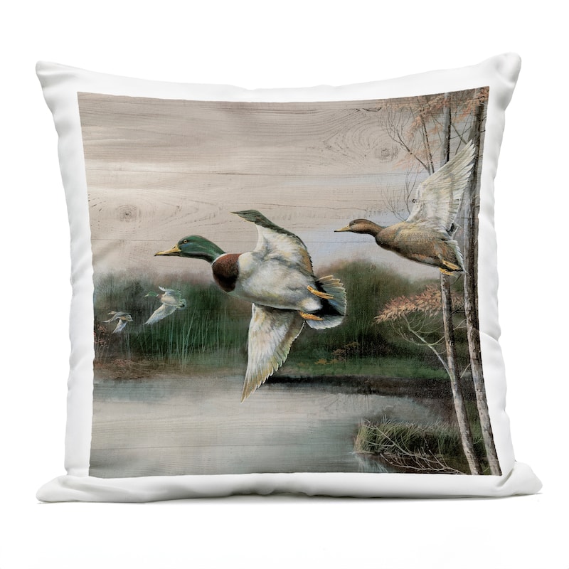 Stupell Flying Ducks in Rustic Nature Printed Outdoor Throw Pillow Design by Ruane Manning - Accent - Polyester - Green - Single