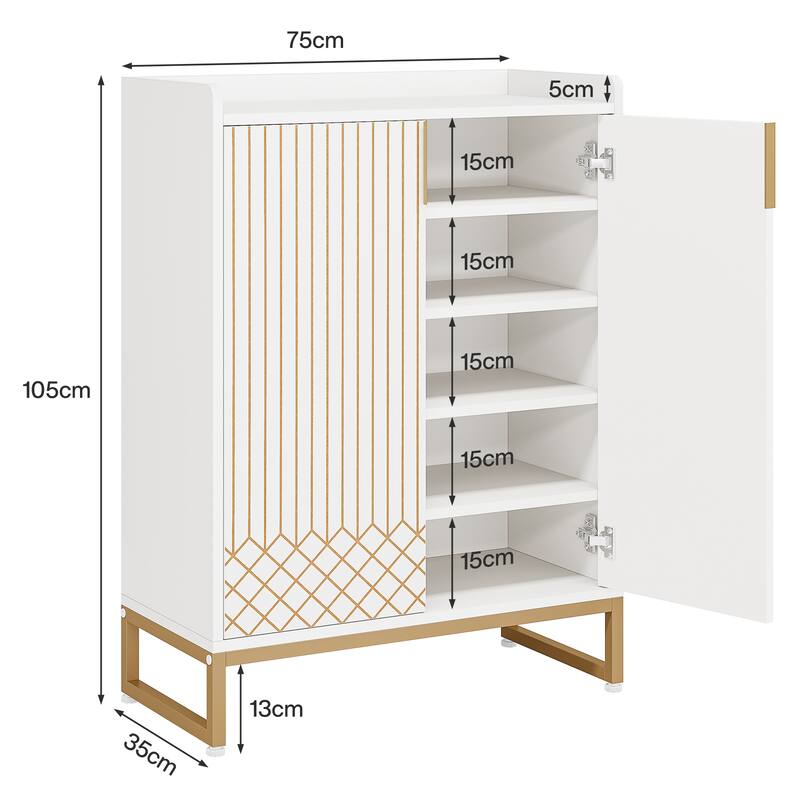 29" White & Gold Shoe Cabinet with Doors, 5 Tiers