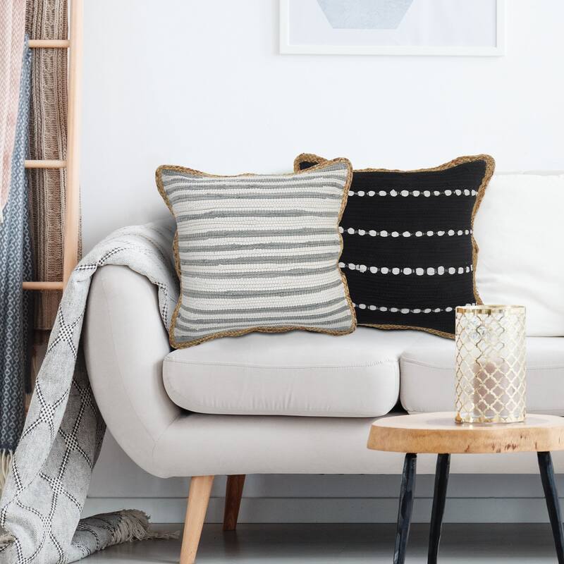 18" Gray and White Striped Bordered Square Throw Pillow