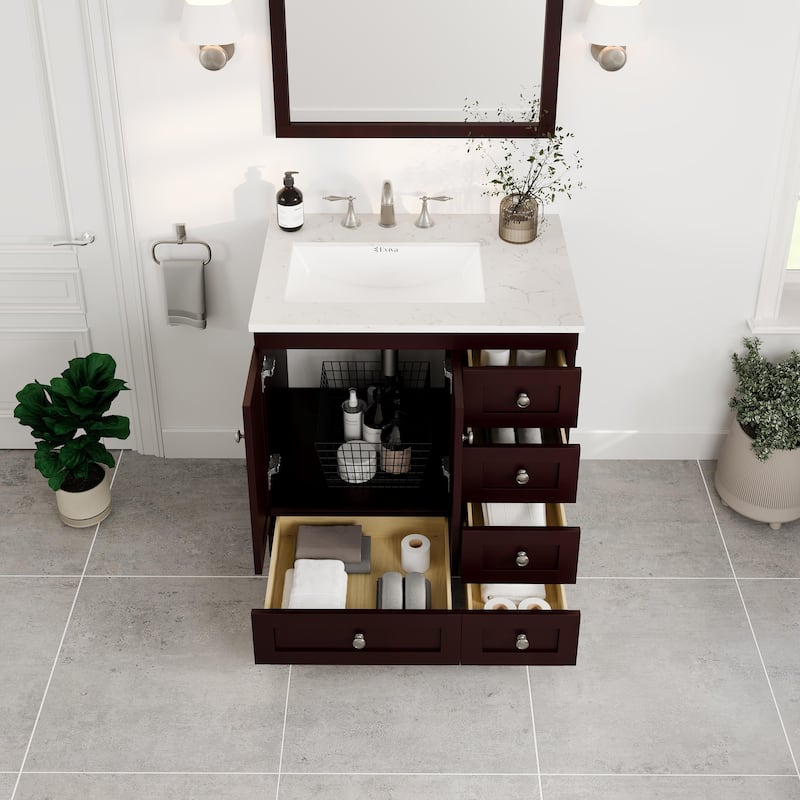 Eviva Acclaim 30"W x 22"D Teak Bathroom Vanity with White Carrara Quartz Vanity Top and Rectangular Undermount Sink