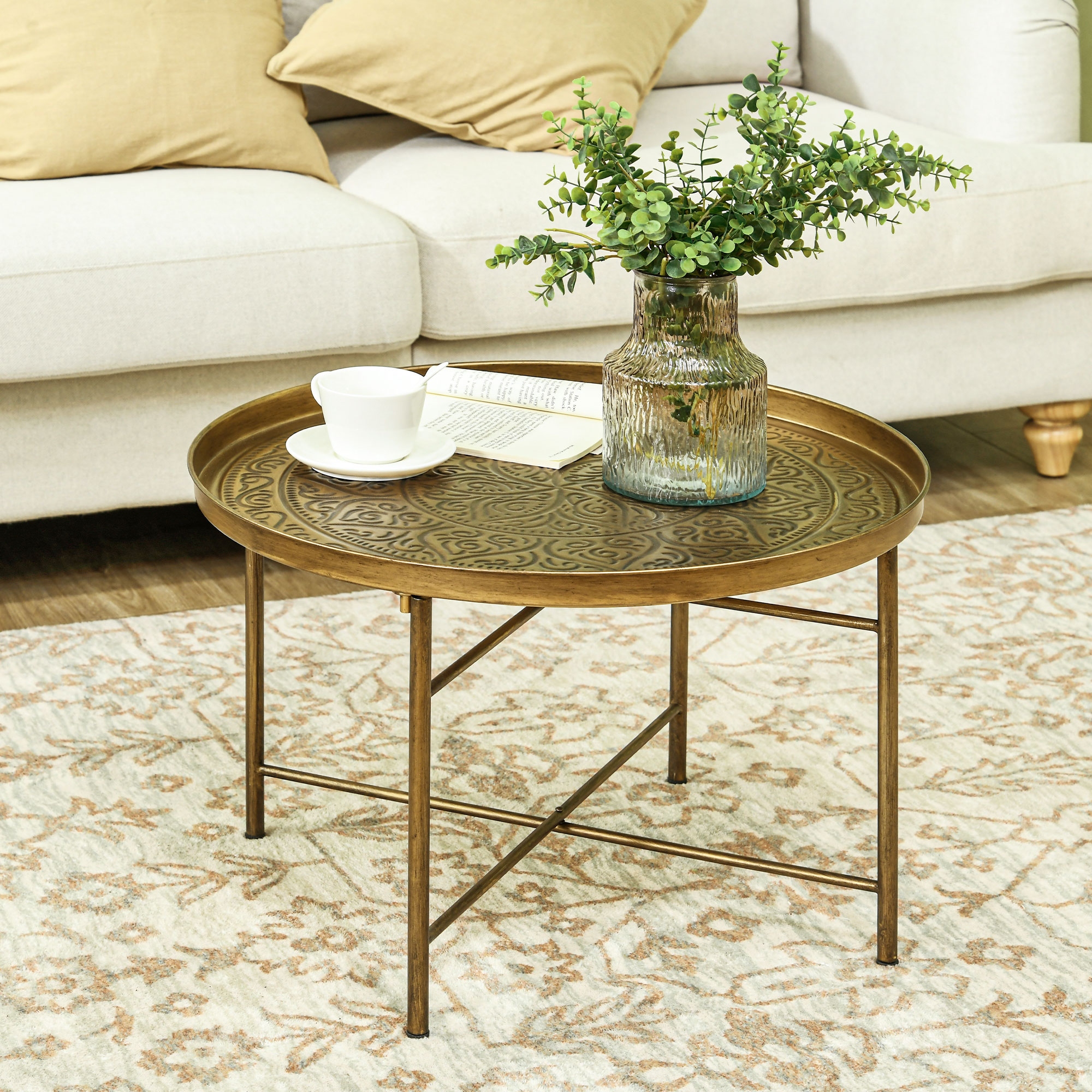 HOMCOM 24 Round Coffee Table with Hammered Tray Top Vintage Metal Center Table for Living Room Bedroom Side Table On Sale Bed Bath Beyond 40838559