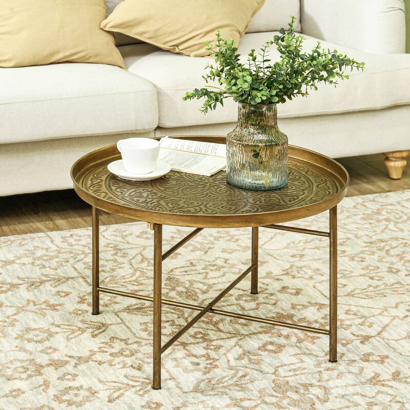 Round Coffee Table with Hammered Tray Top, Vintage Metal Center Side Table