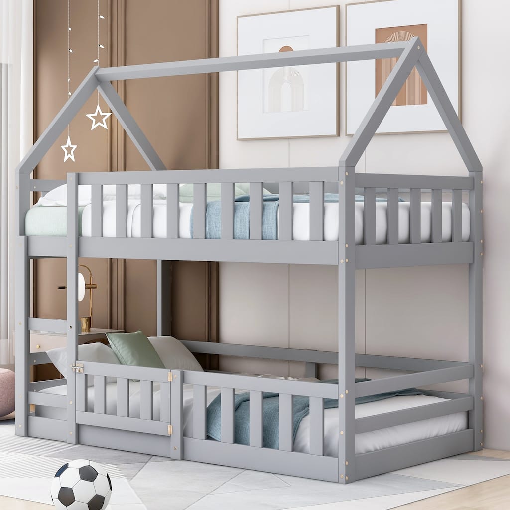 Gray Pine Wood Twin Bunk Bed, Fence, Door, Sturdy Construction