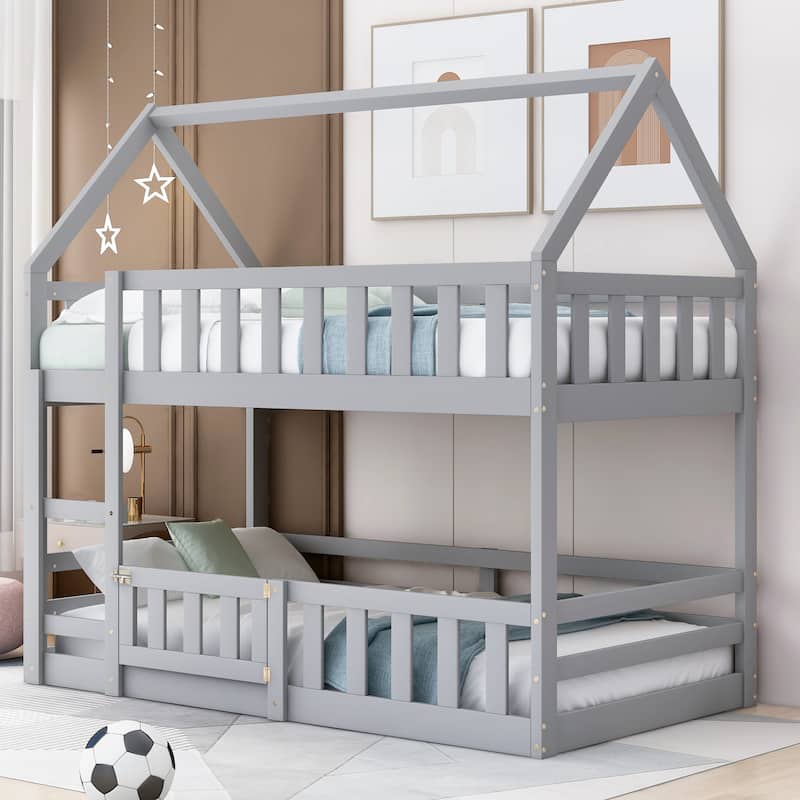 Gray Twin Over Twin House Bunk Bed with Fence and Door - Gray