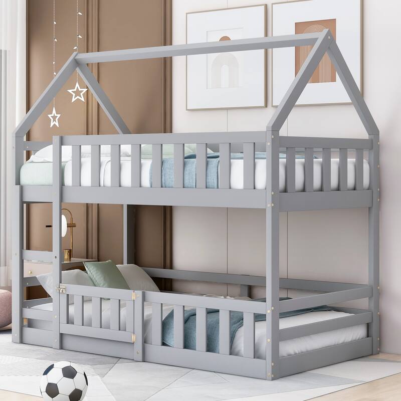 Twin House Bunk Bed for Kids with Door, Fence Guardrails, and Roof Design, Pine Wood - Grey - Twin