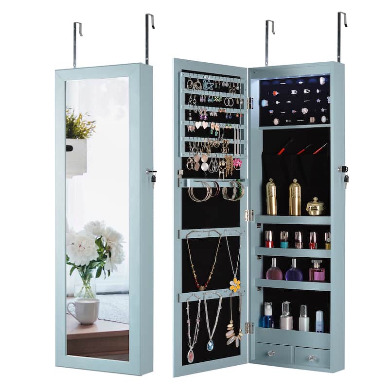 Door/Wall Mounted Jewelry Armoire Cabinet with LED Lights & Mirror - On ...