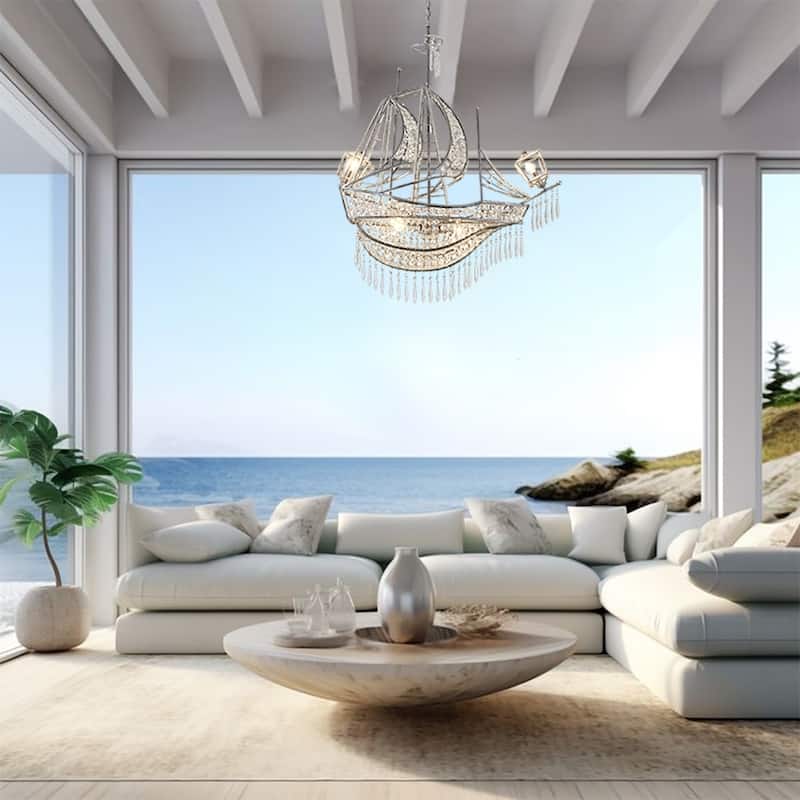 4-Light Antique Silver Sail Boat Chandelier With Clear Crystal Accents