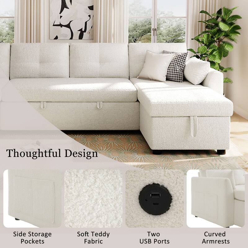 Oversized U-shaped Sectional Sofa with USB Ports, Dual Storage Chaise Lounges Sofa with Pull-out Bed Convertible Sleeper Sofa