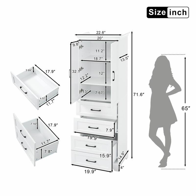 71.6" Free-Standing Bathroom Vanity with 2 Damping-Hinge Doors, 3 Drawers (Including 1 Deep Drawer), and Adjustable Shelves