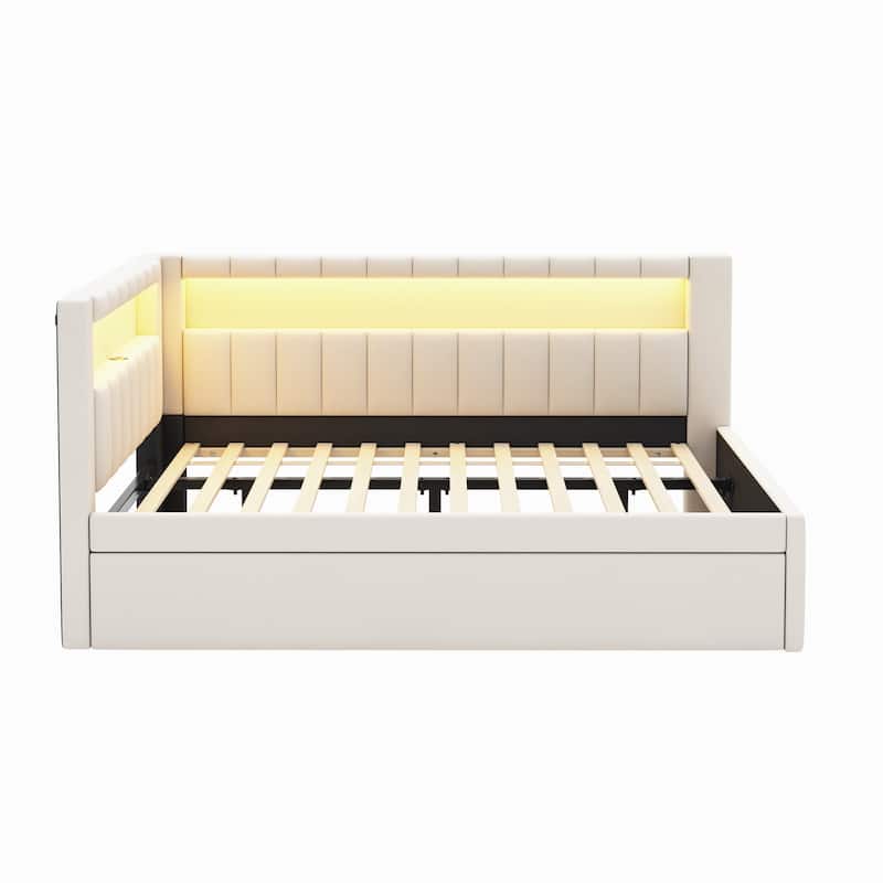 L-shape Daybed Built-in LED Belt and USB Ports, Corner Sofa Bed