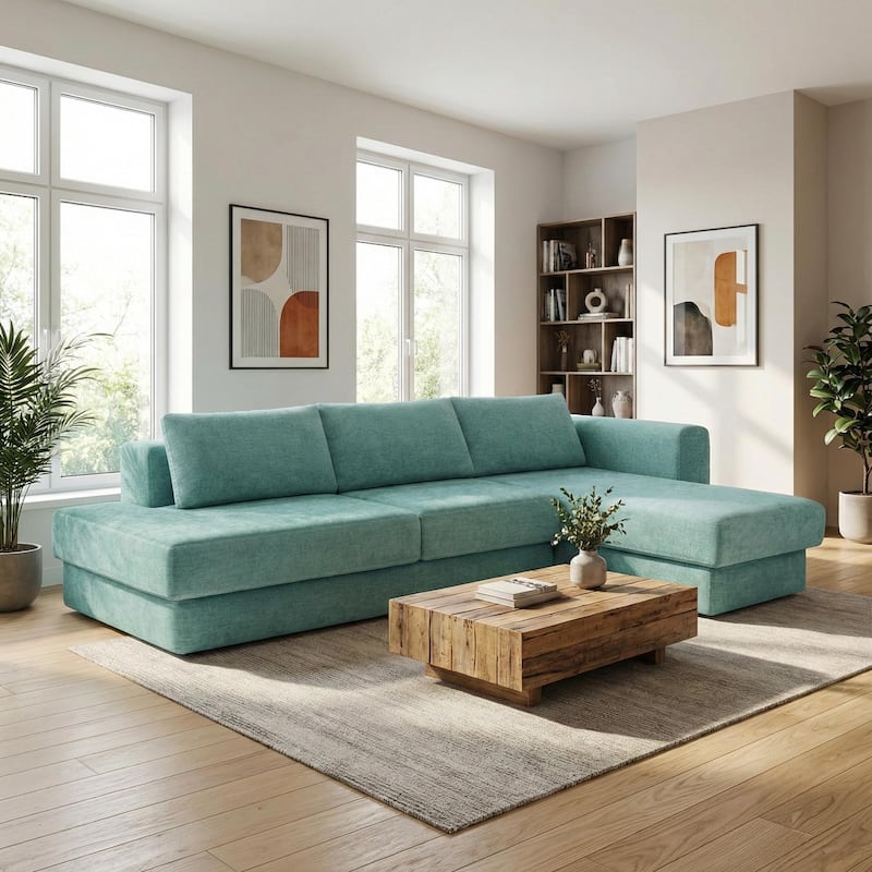 Christopher Knight Home - American Design Chenille 113" Modular Sectional Sofa with Double Layer Cushions - Teal - Right Facing