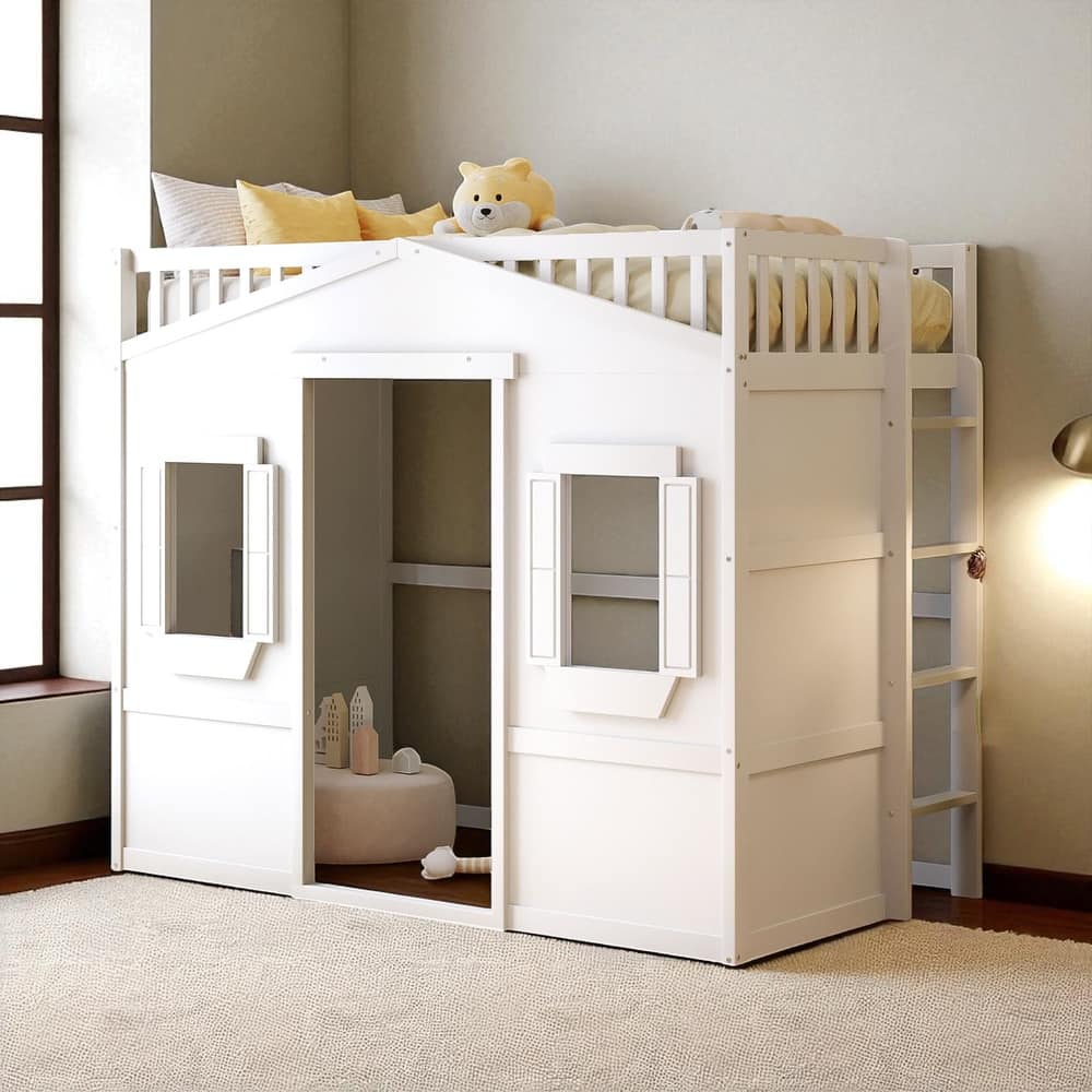 Twin/Full Size Wood Loft Bed with Ladder and Guardrails, House-Style Frame for Kids or Teens