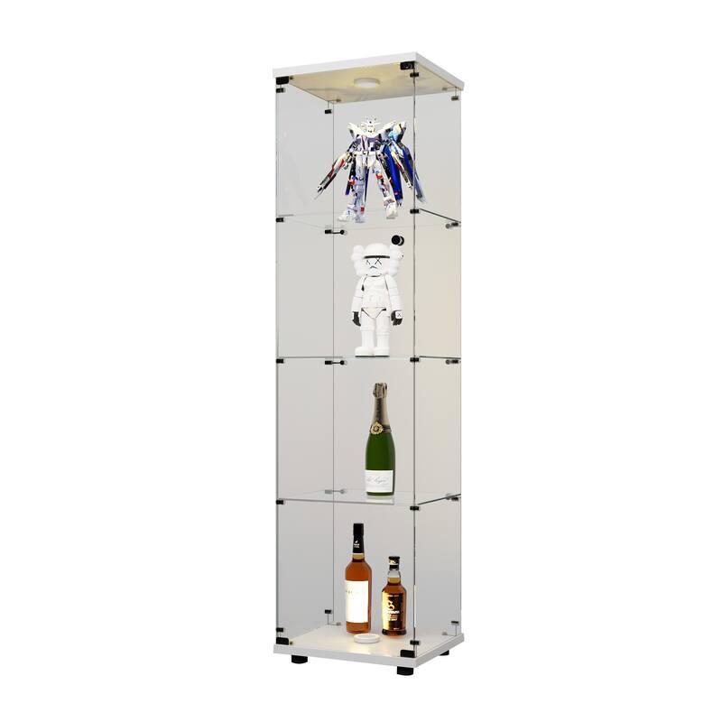 LED lights Glass Display Cabinet 4 Shelves with Door and Lock, Floor Standing Curio Bookshelf for Living Room Bedroom Office
