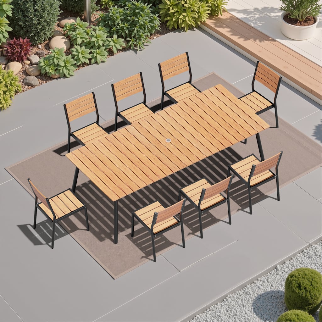 9-Piece Aluminum Outdoor Dining Set with Umbrella Hole and Stacking Armless Chairs