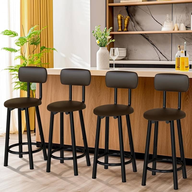 Industrial Style Bar Stools Set, 24.6" Tall PU Leather Upholstered Counter Stools Bar Chairs with Backrest and Footrest