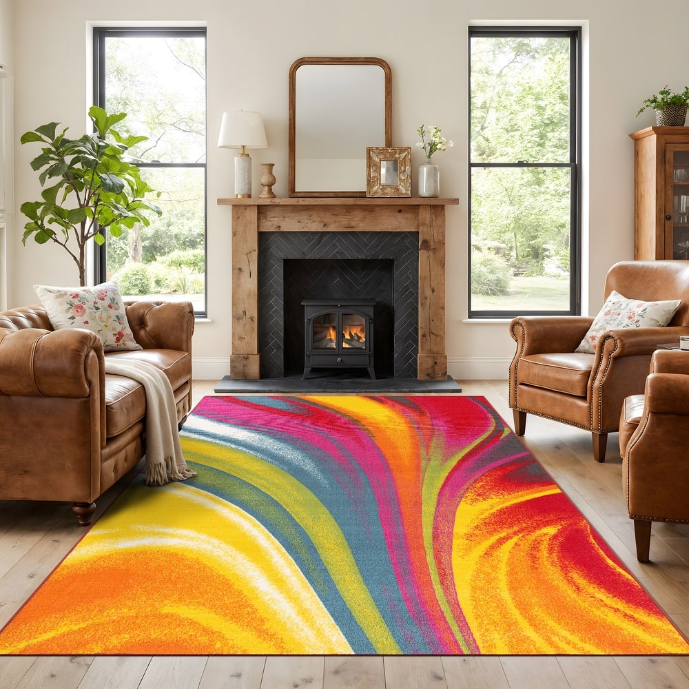 World Rug Gallery Modern Contemporary Waves Multicolored Non-slip Non-skid Area Rug