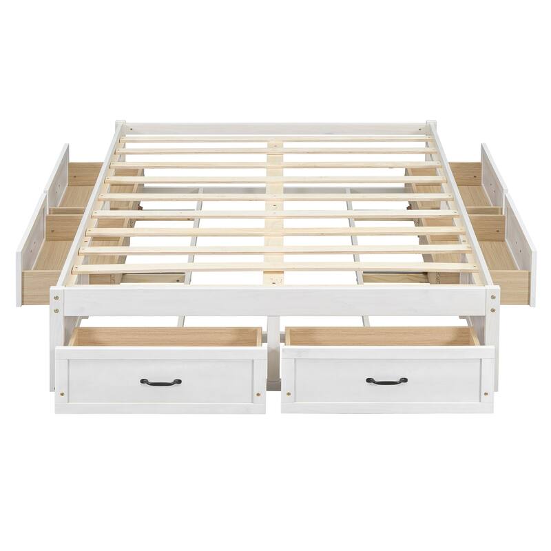 Full Size Platform Bed with 6 Storage Drawers in Antique White