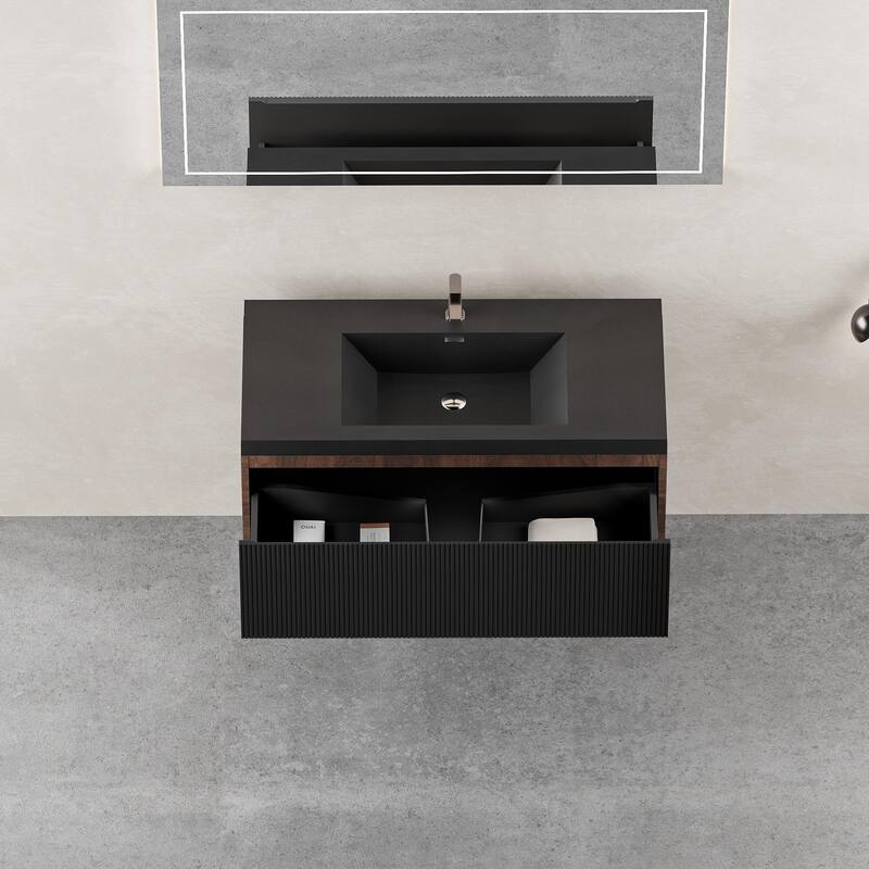 36'' Floating Bathroom Vanity with Sink Combo, Modern Wall-Mounted Striped Bathroom Storage Cabinet with Soft-Close Drawers