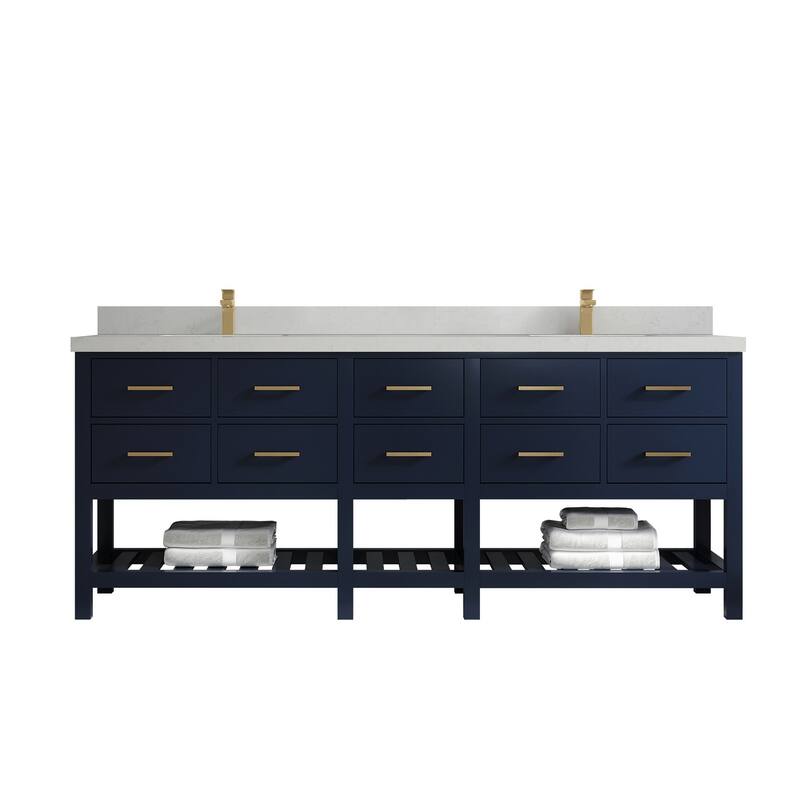 Willow Collections 84 in. W x 22 in. D Parker Double Sink Bathroom vanity with Regular Countertop - 2" Carrara Quartz - Navy Blue