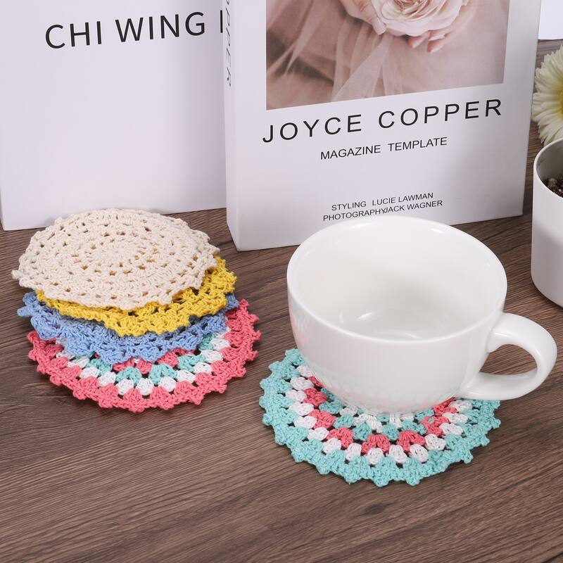 Fabric Coasters, 4pcs 4" - Cotton Woven Crochet Doilies with Floral - 105mm