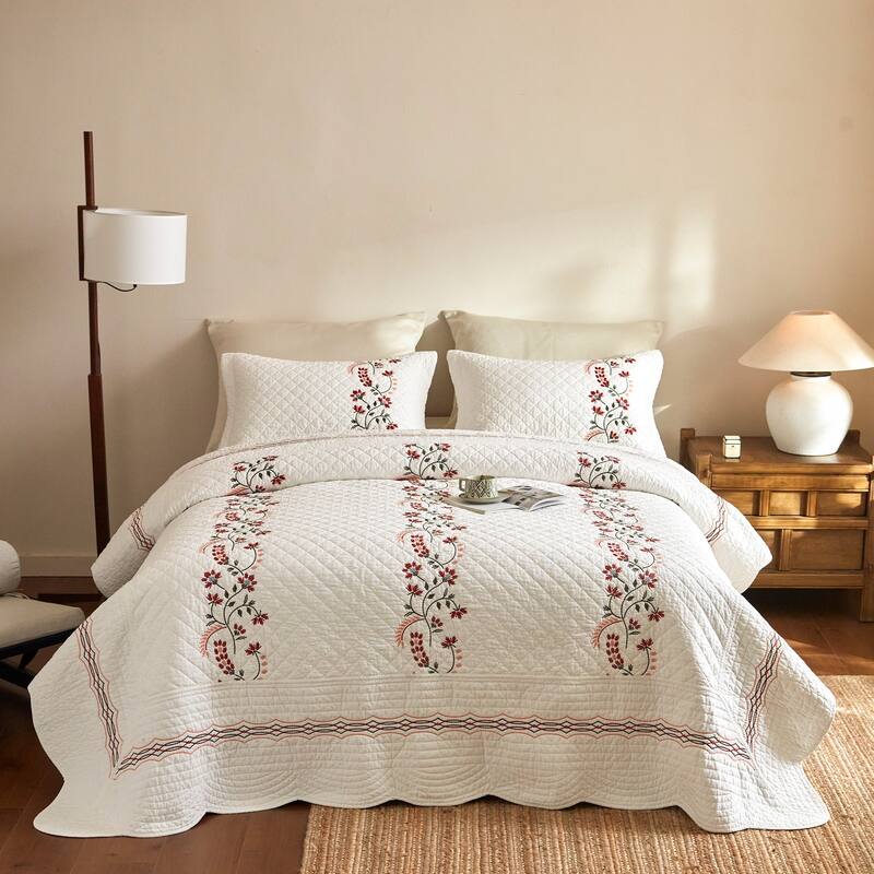 Cotton European Folk Embroidered Quilt Bedspread Set - King - Ivory / Red Floral