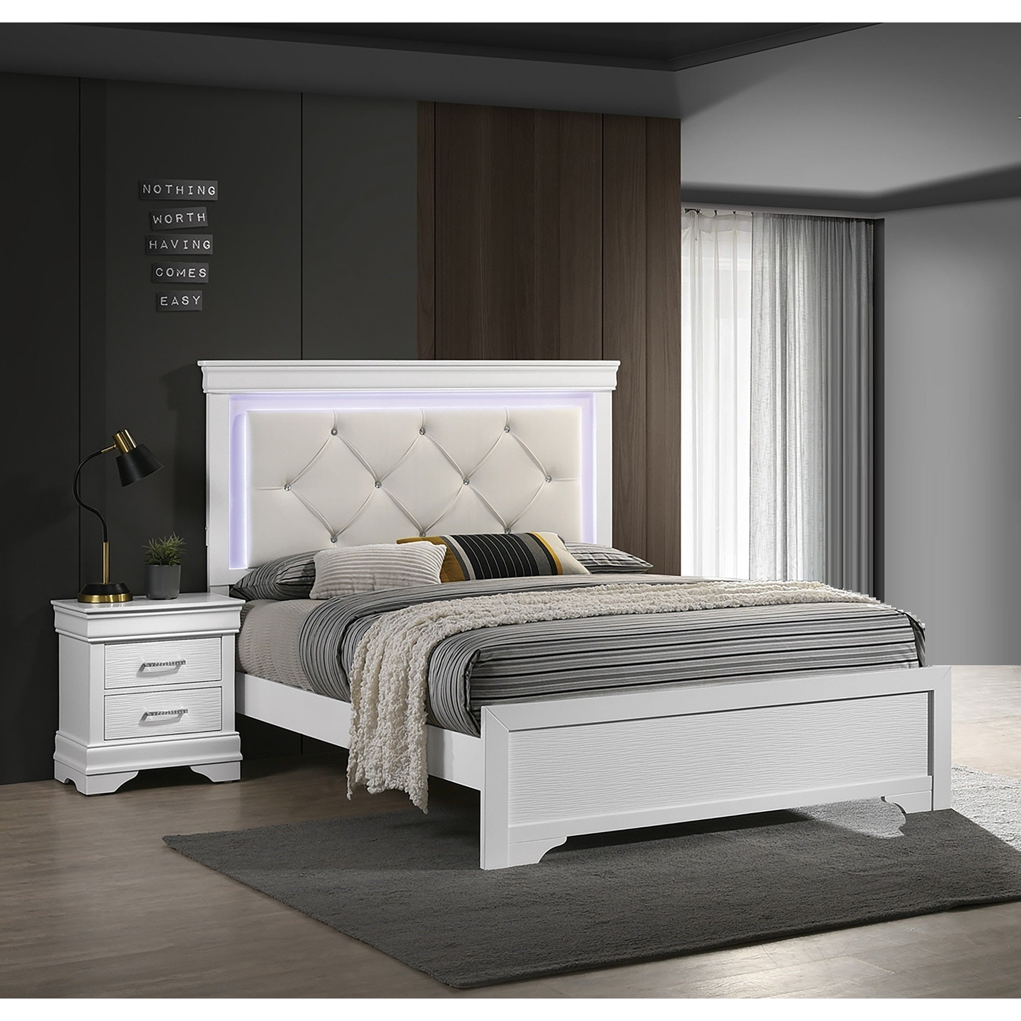 Contemporary Style 3pc Bed 2x Nightstand Set Diamond Handles Bracket Legs White Finish Bedroom Furniture