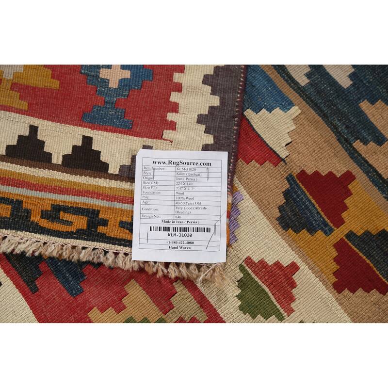 Kilim Qashqai Persian Vintage Rug Handmade Beige Wool Carpet - 4'7"x 7'4"
