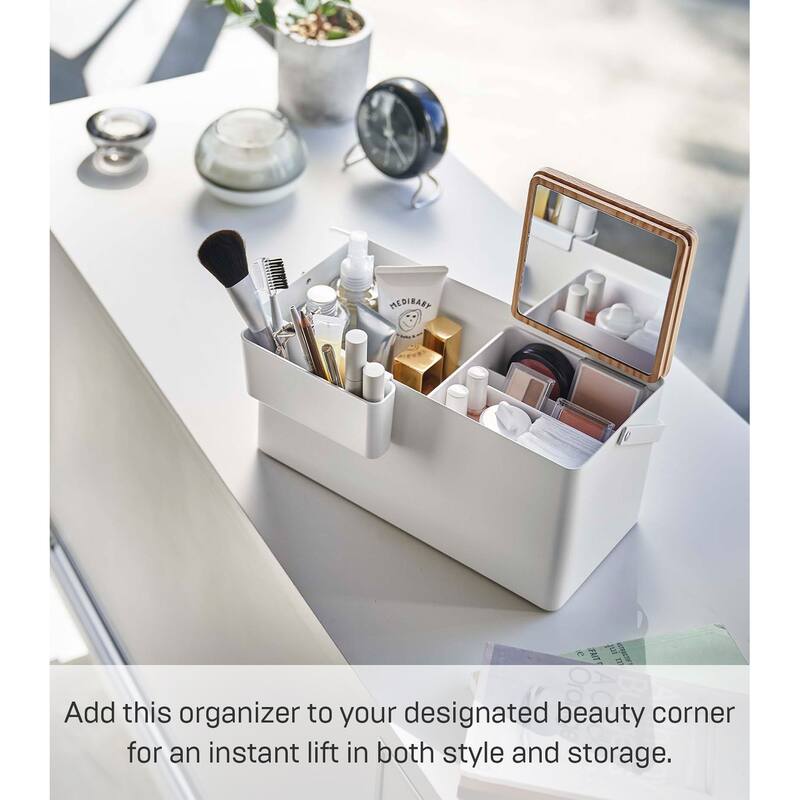 Yamazaki Home Makeup Organizer with Mirror, Steel and Wood, Holds 3.3 lbs - L 5.91 x W 12.2 x H 6.18 inches