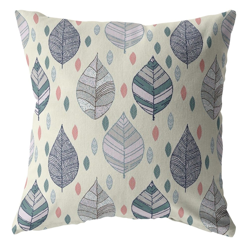 18" Cream Gray Leaves Suede Zippered Throw Pillow