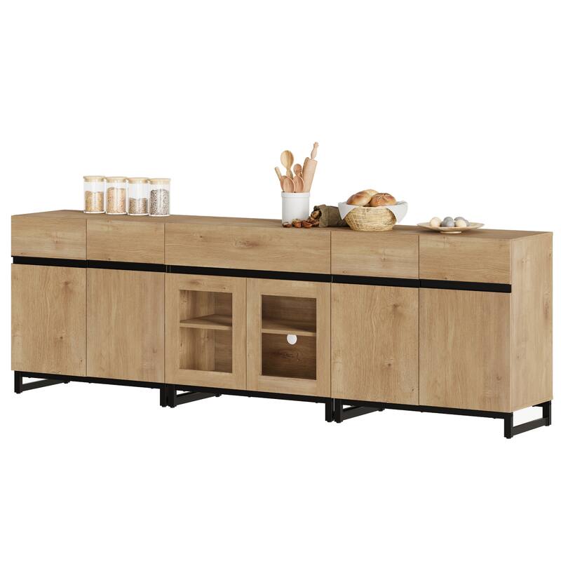 WAMPAT Modern Sideboard with Adjustable Shelves and Drawer, 3 in 1 Storage Cabinet with Glass Doors for Living Room, Kitchen