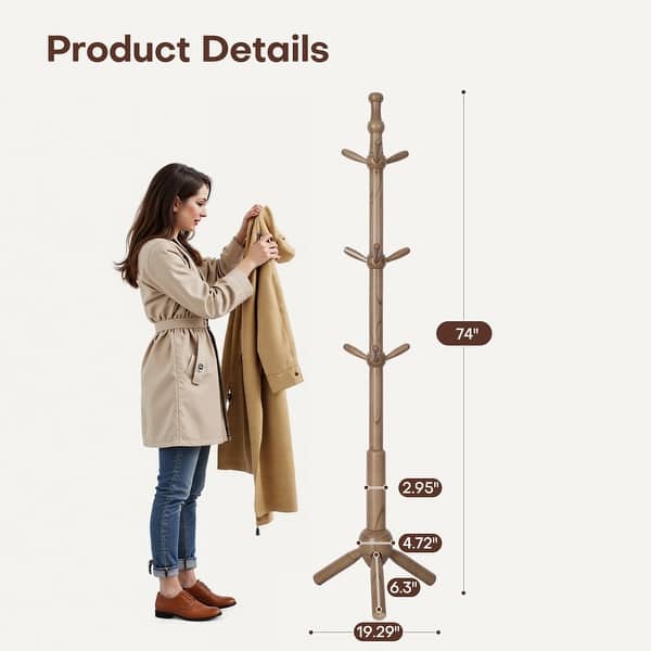 Solid Wood Freestanding Coat Rack Hanger, Coat Tree with 9 Hooks - 74"H x19.29"W