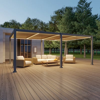 LIVOOSUN 12×20ft Patio Pergola Aluminum Frame Hand Crank Louvered Dome Drainage System With Four Strong Pillars
