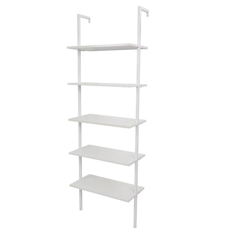 5-Shelf Wood Ladder Bookcase with Metal Frame Wall Mount Book Shelf - White