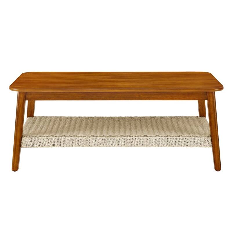 Farmhouse Coffee Table, 47.25" Rectangle Coffee Table, Vintage Living Room Table With Woven Storage Shelf