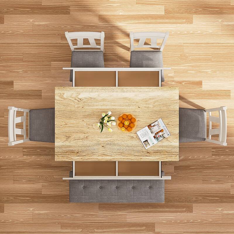 Javlergo 6 Piece Dining Table Set with Bench, Solid Wood Kitchen Table Set with 4 Upholstered Chairs and Bench for Kitchen