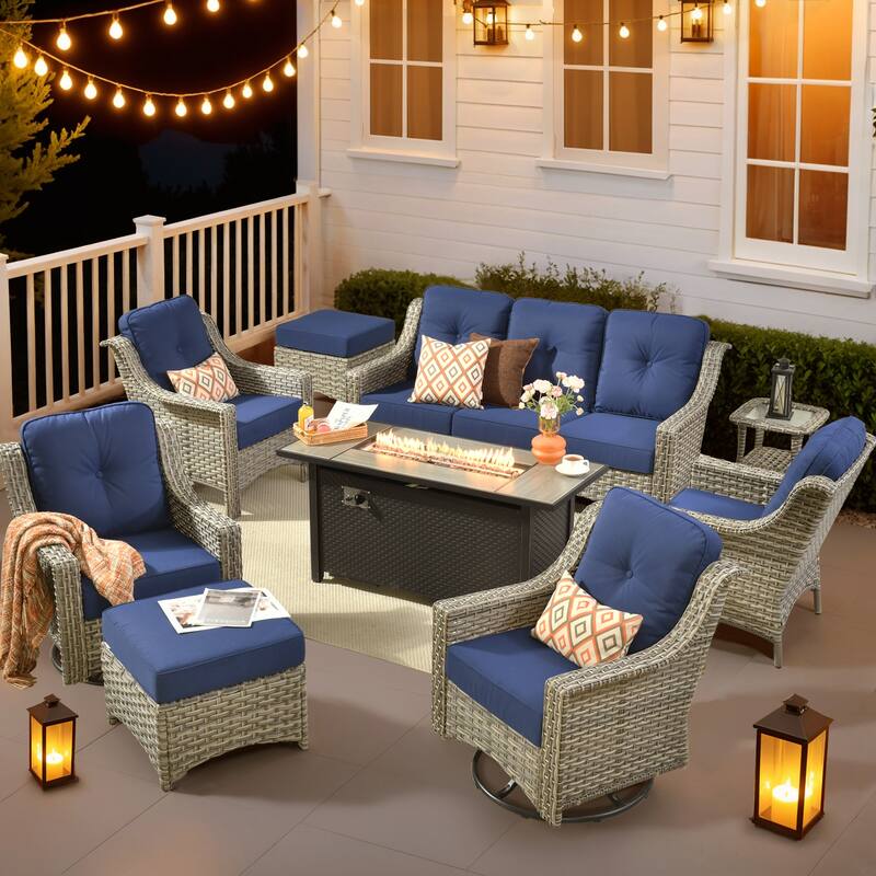 HOOOWOOO 9-piece Patio Furniture Set High Backrest Swivel Chairs with Fire Pit - Navy Blue