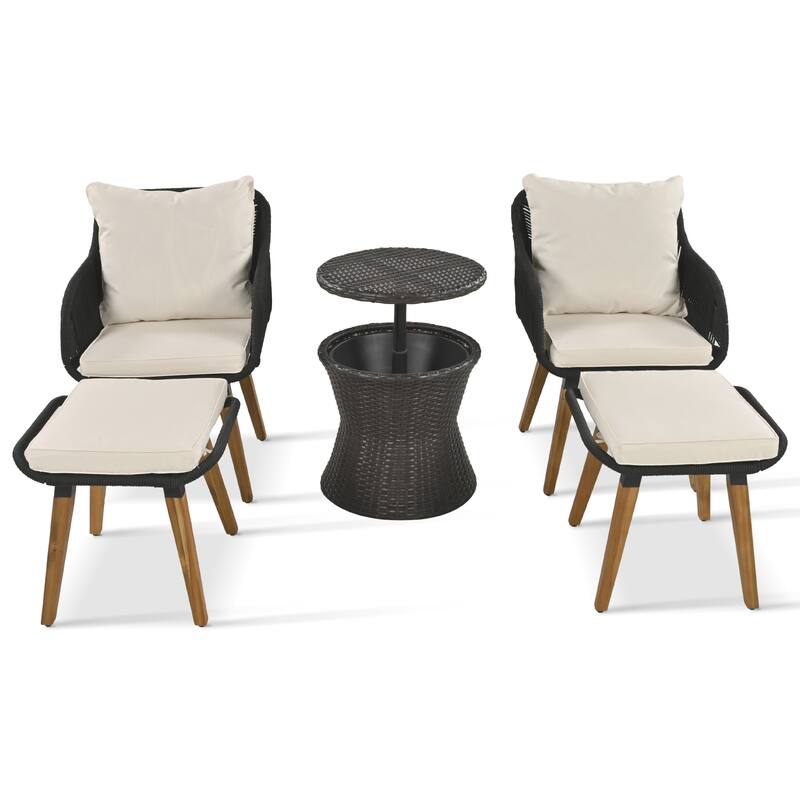 5 Pcs Outdoor Patio Furniture Set, All-Weather Patio Conversation Set with Wicker Cool Bar Table, Single Chairs and Ottomans