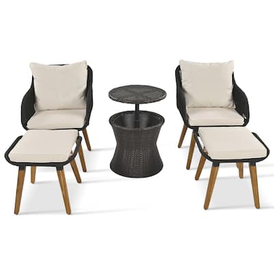 5 Piece Rattan Patio Conversation Set, Outdoor Wicker Furniture Chair Sets with Cool Bar Table and Ottomans