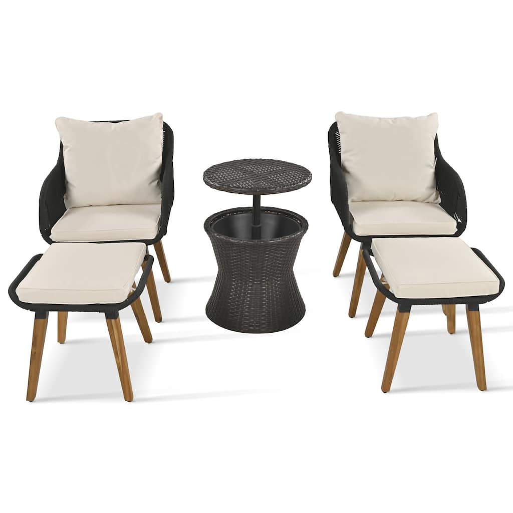 5 Piece Rattan Patio Conversation Set, Outdoor Wicker Furniture Chair Sets with Cool Bar Table and Ottomans