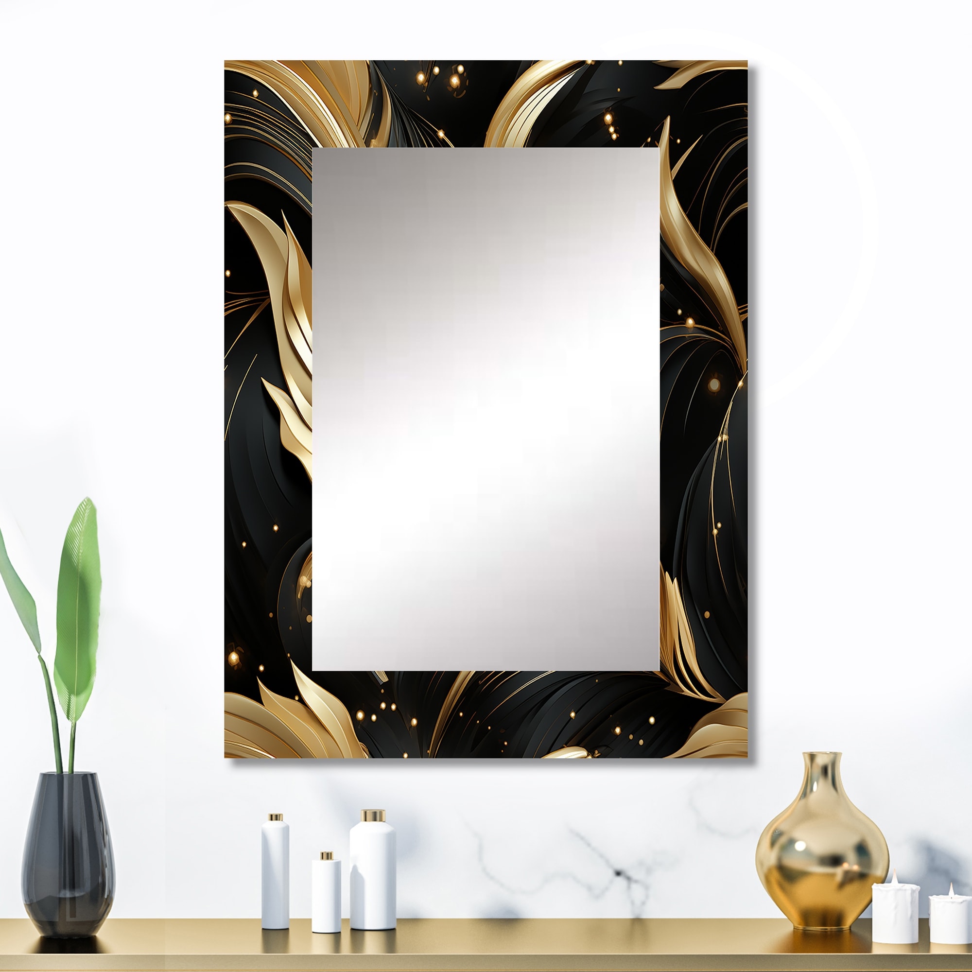 Designart "Midnight Charm Gold And Black" Marble Black Wall Mirror - Glam Large Mirror For Bedroom Decor