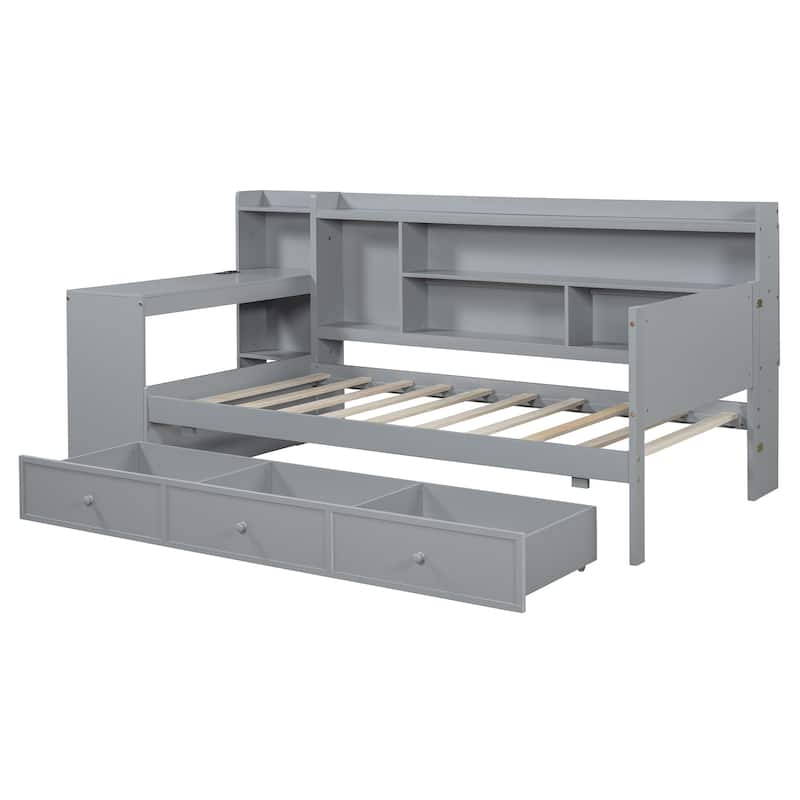 Gray Twin Size Wooden Daybed with 3 Drawers, USB Ports & Desk