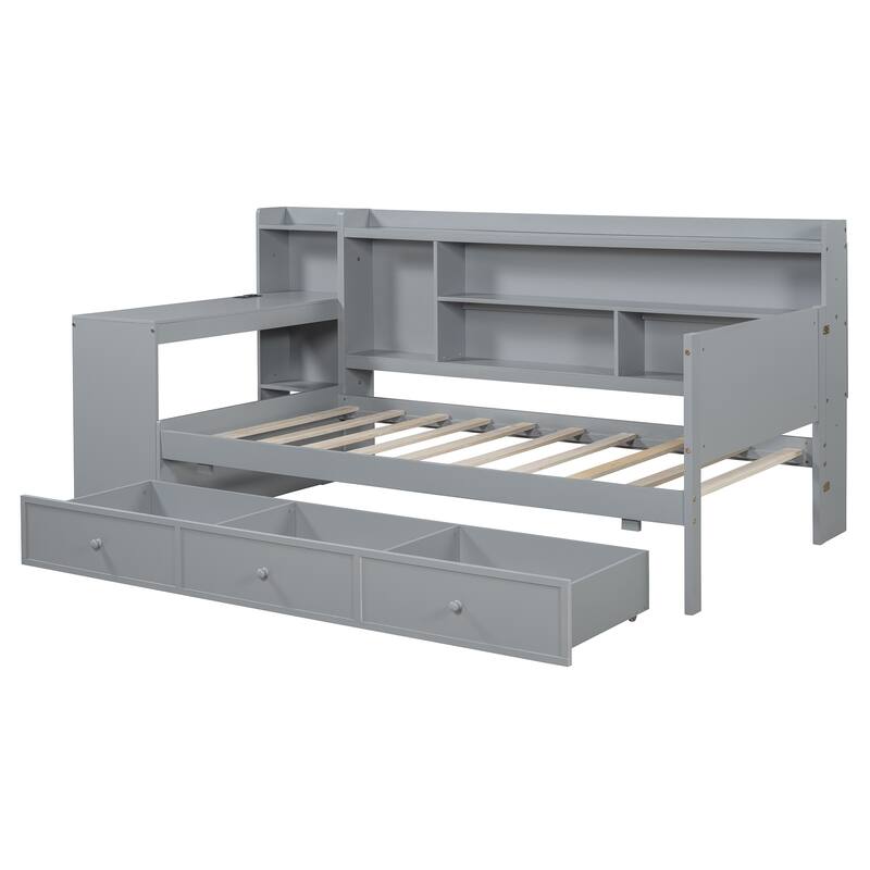 Twin Size Modern Wooden Daybed with Three Drawers, USB Ports, and Desk