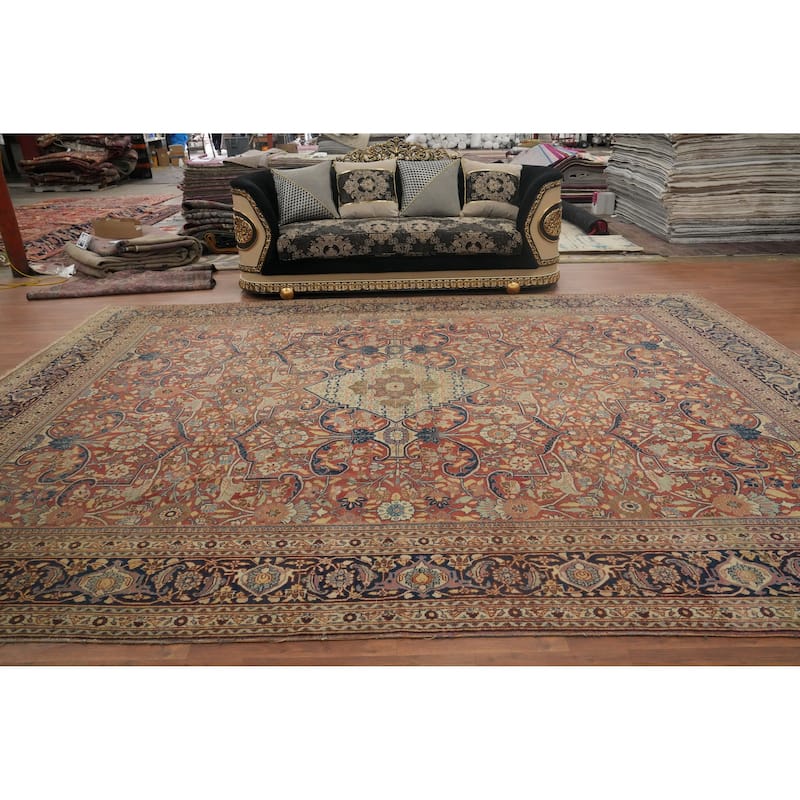 Hand Knotted Oriental 100% Wool Carpet Traditional Floral Oranges & Rust Tabriz Area Rug - 14' 6'' X 10' 11''