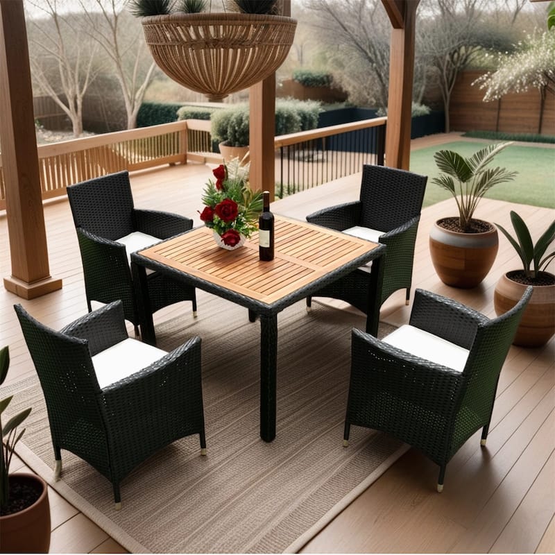 5 piece Outdoor Patio Wicker Dining Set - Black+Cream