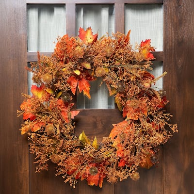 24" Autumn Harvest Maple Leaf with Berries Artificial Wreath; Unlit