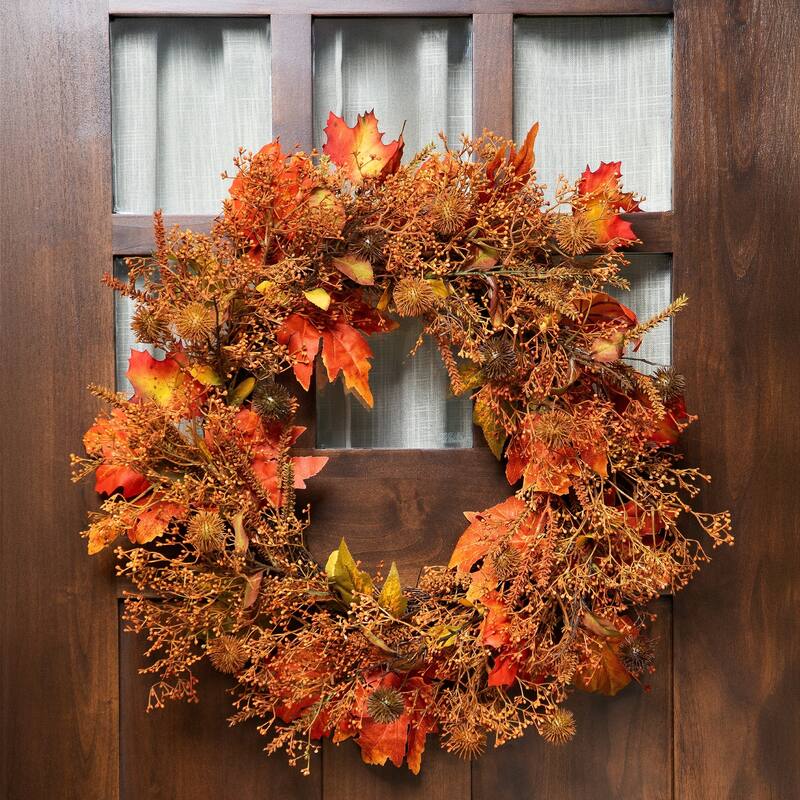 24" Autumn Harvest Maple Leaf with Berries Artificial Wreath; Unlit