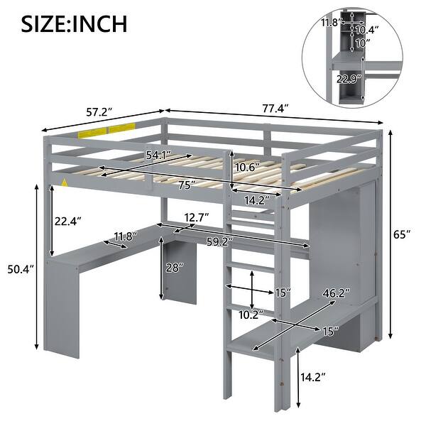 dimension image slide 1 of 2, Full Size Wooden Loft Bed with L-Shaped Desk, Wardrobe & Storage Shelves - Stylish Space-Saving Design