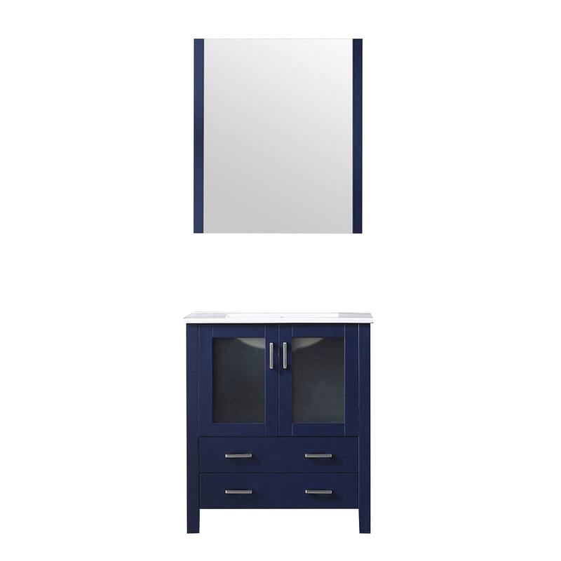 Bathroom Vanity with Ceramic Top, 28" x 32" Mirror, Soft Close Cabinet & Drawers, Scratch & Stain Resistant - 30 in ,Navy Blue ,Wood ,White Ceramic Top - Navy Blue