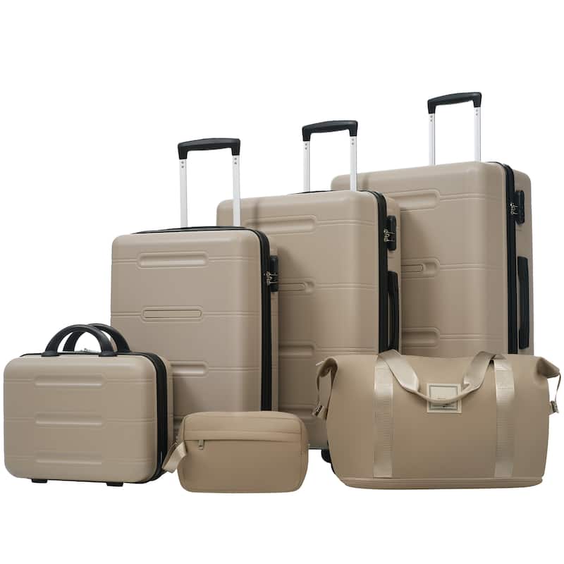 6 Piece Luggage Set, with Double Spinner Wheels Handle Password Lock, 14 IN Cosmetic Case 20/24/28 IN Luggages with Bag - khaki